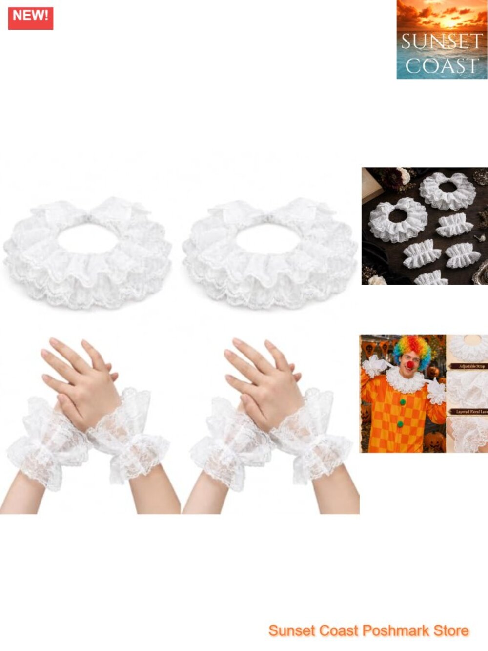 Satin Lace Clown Ruffle Collar & Wrist Cuffs Set Costume Accessories